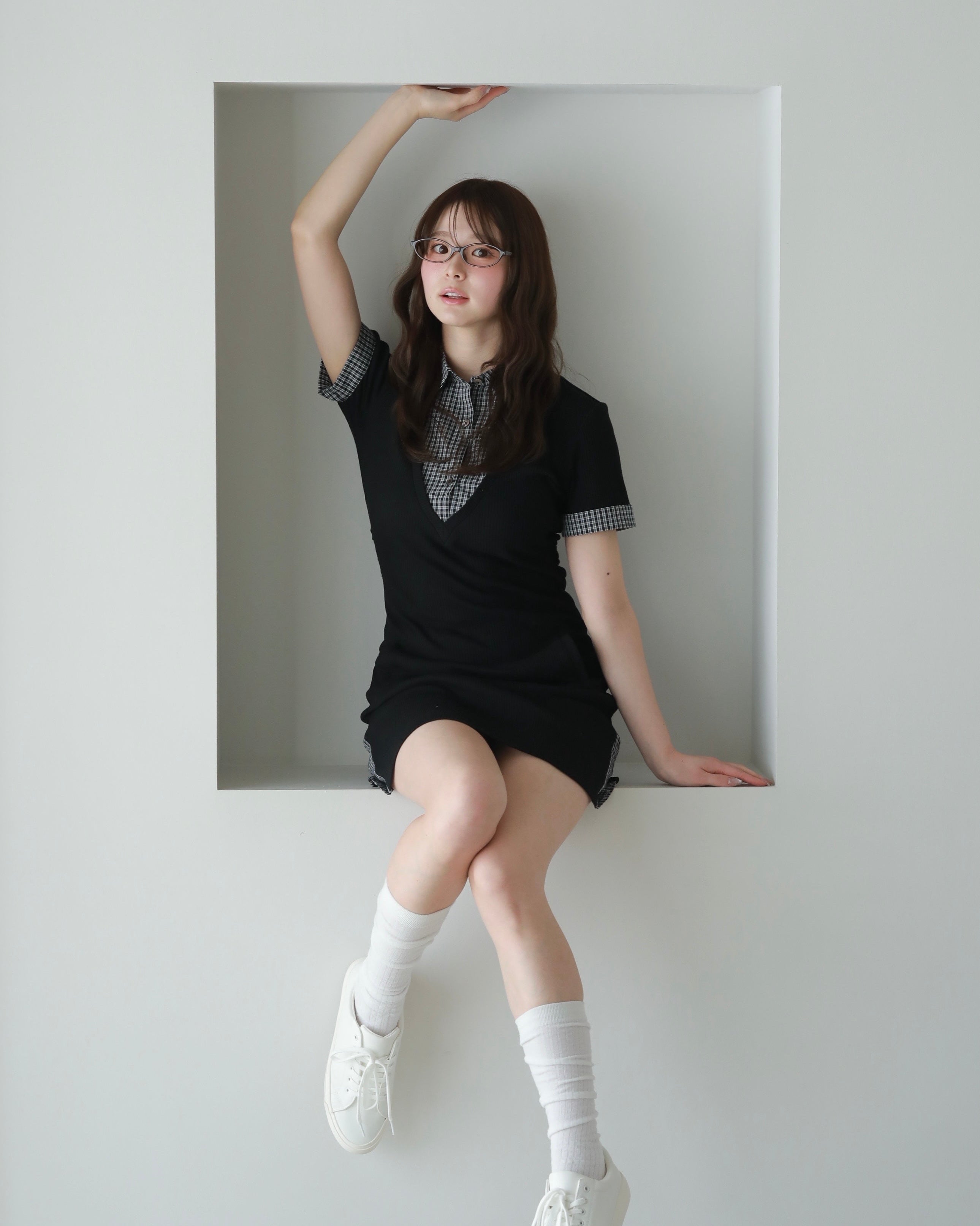 Layered-look mini dress (BLACK)