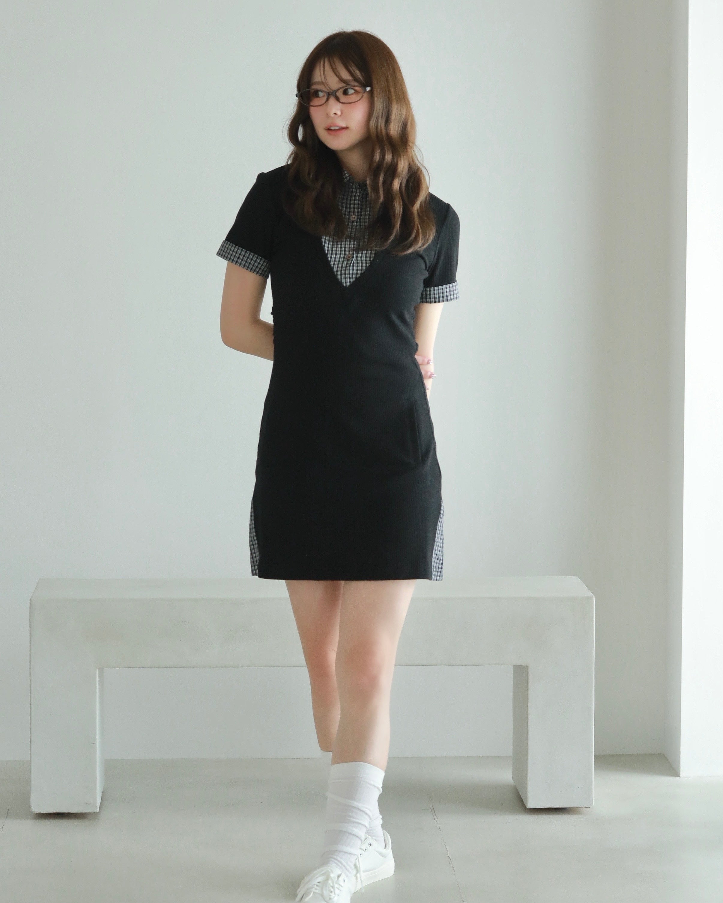 Layered-look mini dress (BLACK)